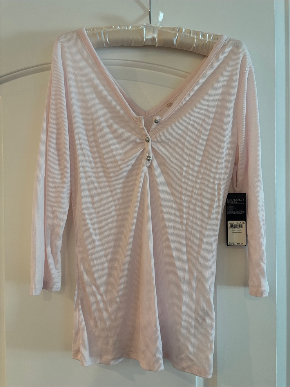 Guess Light Pink Ribbed V-Neck Long Sleeve Top with Front Button Detail